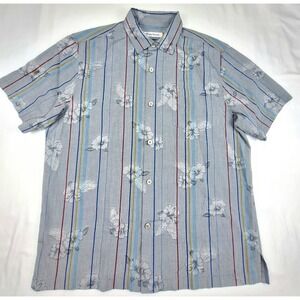 Tommy Bahama‎ Mens Large Silk Cotton Striped Floral Hibiscus Button Shirt Gray